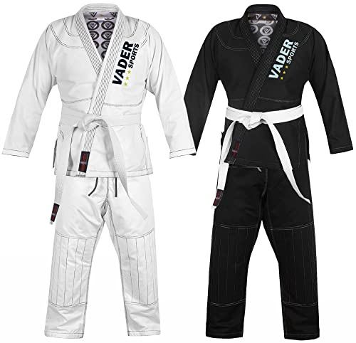 VADER Brazilian Jiu Jitsu Suits for Mens BJJ Gi Kids/Adult BJJ Suit Kimono Uniform 100% Cotton 550Gsm Preshrunk Lightweight Fabric Ju-Jitsu Suit (White, Adullt A3)
