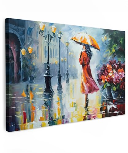 MuchoWow© Leinwand Groß 120x80 cm XXL Deko Schlafzimmer Aesthetic Leinwandbilder Wohnzimmer Gemälde Foto Geschenk Living Room Decoration Kunstdruck - Öl - Bunt - Regenschirm - Frau - Straße - Kunst