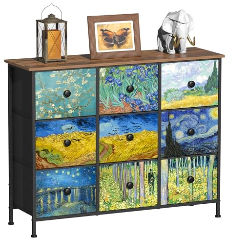 VEDECASA Chest of Drawers Van Gogh Dresser for Bedroom with 9 Drawers Wide TV Stand Storage Organizer Units for Living Room Children's Room Hallway Metal Frame Wood Board Fabric Drawers