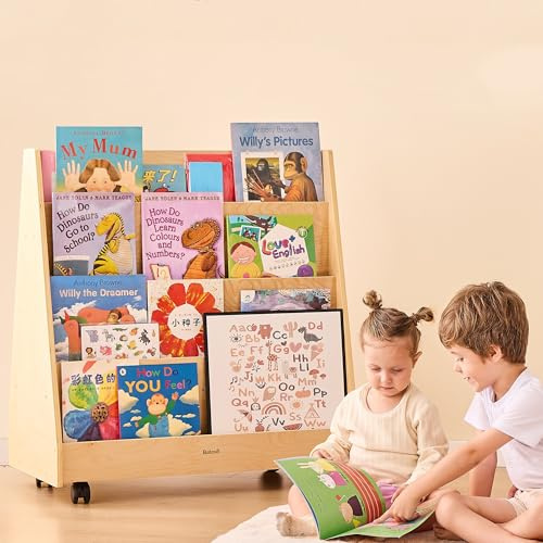 Bateso 4-Tier Kids Bookshelf, Double-Sided Book Shelf for Kids Rooms, Toddler Book Rack Organizer with Wheels, Wooden Montessori Bookshelf & Book Storage Display for Classroom, Preschool, Nursery