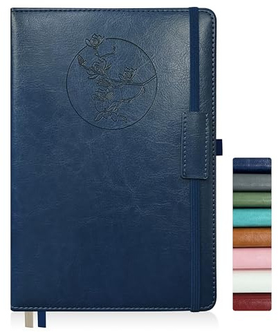 Qefuna Cuaderno de notas para mujeres y hombres, 256 páginas A5 cuadernos de notas de cuero, diario de rayas/cuaderno con papel 100Gsm, soporte para bolígrafo 5.8×8.4(Azul)