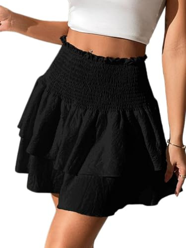 Seiveini Mini Jupe Femme Été Plissée A-Ligne Taille Haute à Volants Superposés Chic Mode Trapèze Casual Boho de Plage Court Couleur Unie