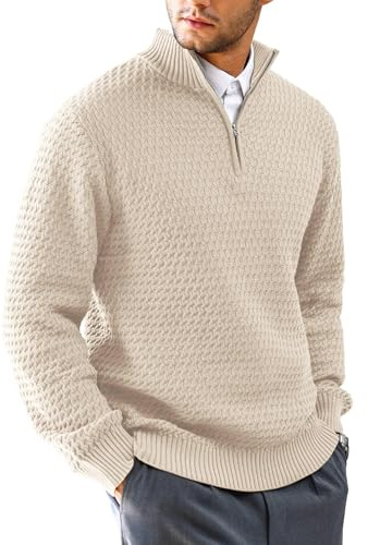 HYPESTFIT Pull Homme 1/4 Zip - Pullover Tricoté à Col Montant avec Fermeture Éclair, Manches Longues et Poignets Côtelés