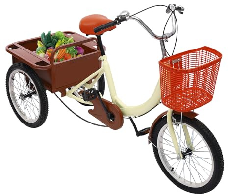 OMGGYER 18 tums trehjuling för vuxna högkolstål 3-hjuls cykel trehjuling lastcykel tricycle för vuxna och äldre med inköpskorg och bakre korg, lastkapacitet 150 kg (beige)