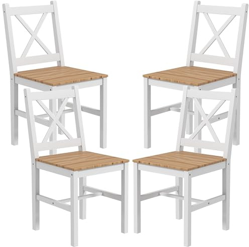 HOMCOM Lot de 4 chaises de Salle à Manger, chaises de Cuisine, Style Maison de Campagne, Dossier Haut, Cadre en Bois de pin, pour Salon, Chambre, Cuisine, Bois Naturel et Blanc