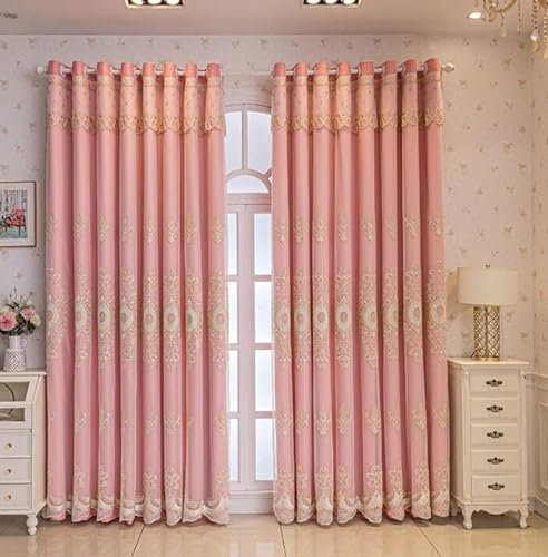 Epinki Vorhang Ösen Gardinen 2er Set, Vorhang Gardine Fenster Doppelte Reinheit Stickerei Einfarbig Rose Vorhang Muster aus Polyester Dekoschal für Schlafzimmer H160 x B96 cm