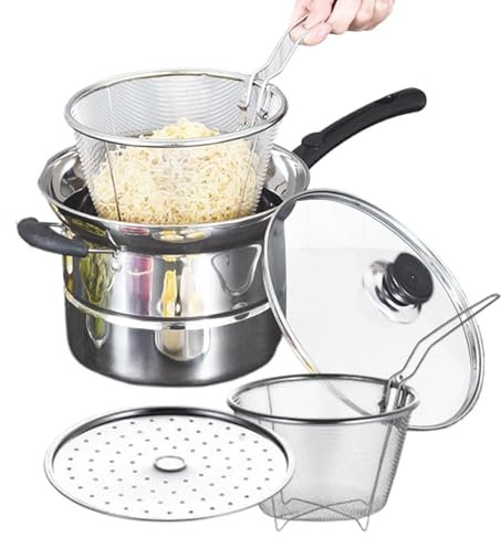 Olla freidora, olla de acero inoxidable, cesta para freír con construcción de acero inoxidable resistente y material resistente al calor para patatas fritas, mariscos o anillos de cebolla, 1 juego