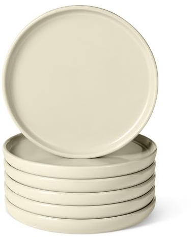 Amazon Basics Glasierte Steingut-Salatteller, 6-Teiliges Set, Mikrowellen- und Spülmaschinenfest, 21,1cm, Elfenbeinfarben