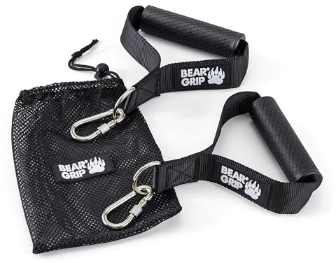 BEAR GRIP - Cable Machine Handles, Resistance Band Handles, Strong Nylon Webbing and D-Ring for gym and home workouts (Sold in Pairs)