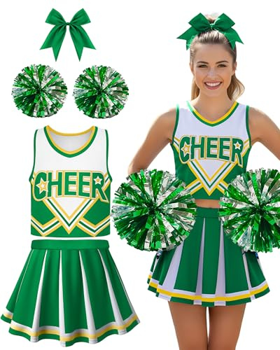 JenPen Women's Cheerleader Costume Halloween High School Cheerleading Outfit Musical Cheer Uniform Hair Bow Pom Pom(Green,L)