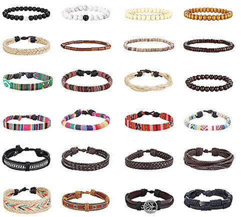 Finrezio 24 Piezas Conjunto De Pulsera De Cuero Trenzado Para Hombres y Mujeres Pulseras Boho Cordones Étnicos Tribales De Cáñamo De Lino Pulseras De Cuentas Cadena De Joyería Hecha a Mano