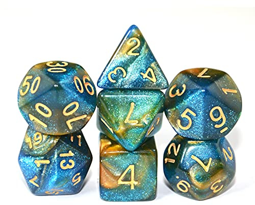 SmartDealsPro Glitter Polyhedral Dice Sets with Pouches for DND RPG MTG Dungeon and Dragons Table Board Roll Playing Games D4 D8 D10 D12 D20 (Blue-Gold)