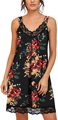 PrinStory Camisón suelto de encaje para mujer, camisón de algodón, lencería de jersey, Fp Marrón Negro, XXL