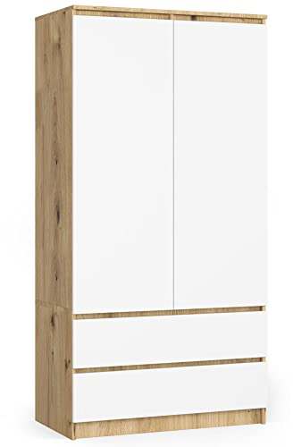 AKORD Zweitüriger Kleiderschrank S 90 cm 2 Schubladen mit Regalen und Einer Kleiderstange für EIN Schlafzimmer Kleiderschränke Minimalistischer Stil | Farbe: Artisan Eiche | Weiß