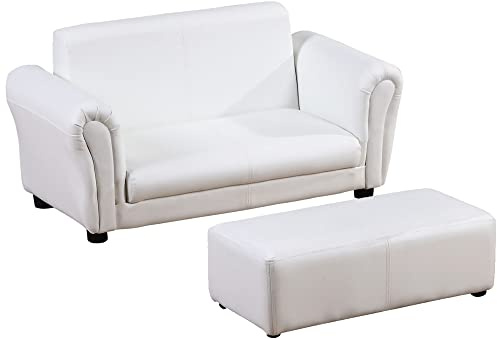 Qaba Kids Sofa with Footstool for Children, Toddler Couch for Playroom, Nursery, Living Room, Bedroom Furniture, White