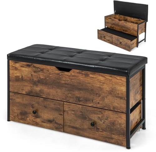 COSTWAY Panche Contenitore con Cuscino, Cassapanca con 2 Cassetti, Panca Portaoggetti con Cernieri di Sicurezza, per Ingresso, Camera da Letto, Soggiorno, Portata 150 kg