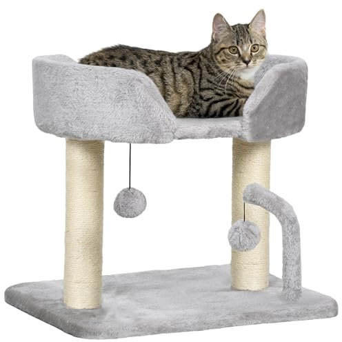 PawHut 42cm Indoor Cat Tree, Kitty Play Tower w/Toy Balls Sisal Scratching Post