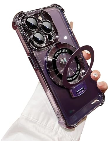 Emlivi Coque de protection transparente pour iPhone 14, avec Mag-Safe, anneau magnétique galvanisé, protection de l'appareil photo, en TPU, quatre coins, anti-chute, violet