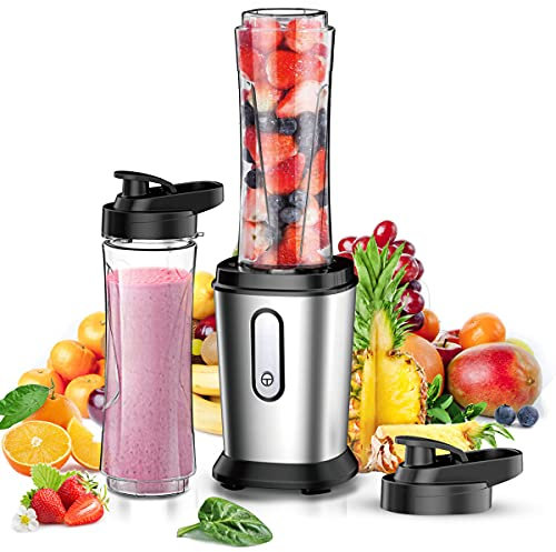 Batidora de Vaso, 500W Batidora de Vaso Portatil, Mini Batidora Vaso Individual, Licuadora Smoothies Batidora Portátil con 1 Botella de 2x600ml, sin BPA para Cocina, Oficina, Deportes