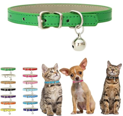 Collare verde piccolo con campanellino, in morbido poliuretano, collari per gattini e cani regolabili con fibbia per XXS XS extra piccolo, medio, minuscolo, femmina, maschio, ragazzi, ragazze, animali