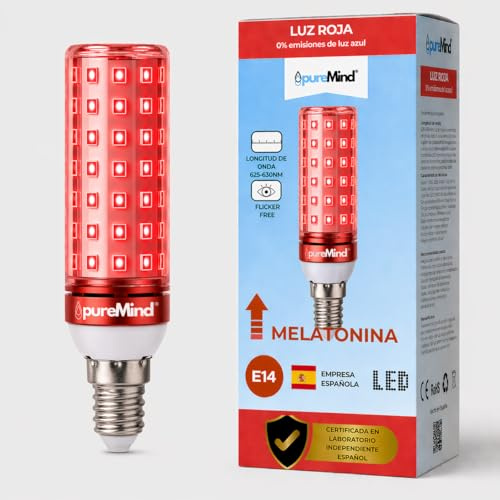 Puremind Luz Roja Nocturna Melatonina E14 Bombilla Roja Terapia para Dormir bebe Tecnologia Flicker Free + 0% Luz Azul + Rosca Estandar + Mejora del Ritmo de Descanso