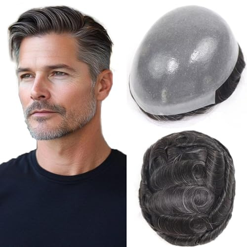 HAPPY&CC Toupee for Man Thin Skin PU Men's Hairpiece European Virgin Human Hair Replacement System Pieces Male Hair Prosthesis Unit for Men with 10% Synthetic Gray 10x8inch