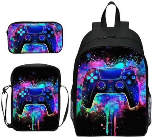 Joalpysm 3-Piece Gaming Backpack, Backpack Set with Controller Print, Cool Black Gaming Daypack & Crossbody Bag, Large Capacity School Bag Waterproof Laptop Backpack for Students & Gamers