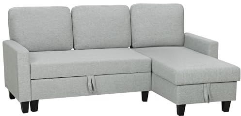 HOMCOM Canapé d'angle convertible réversible, canapé-lit 3 places 197 cm, méridienne, coffre de rangement, coussins lavables, tissu aspect lin, sofa moderne pour salon, bureau, appartement, gris clair