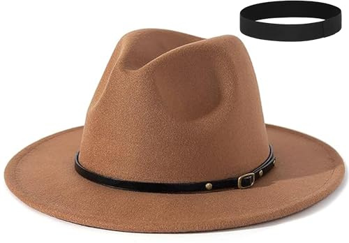 EOZY Wool Fedora Hats for Men Women Felt Panama Trilby Cap Wide Brim Jazz Hat for Beach Party Church Brown