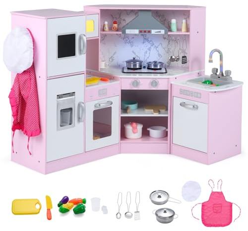 COSTWAY Cuisine d’Angle Enfants avec 16 Accessoires & Son & Lumière, Jeu de Cuisine Enfants avec Machine à Glaçon & Lave-Vaisselle Séparé, Tableau Noir pour 3 Ans+ (Rose)