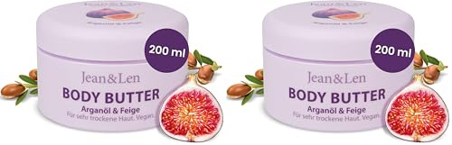 Jean & Len Beurre corporel à l'huile d'argan et à la figue, nourrit intensément les peaux sèches à très sèches, pH idéal, parfum de figue, beurre corporel, sans parabène ni silicone, 200 ml (Lot de 2)