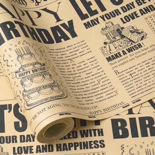 RUSPEPA Mini Vintage Birthday Newspaper Wrapping Paper 43.2cm x 5m Kraft Wrap with Cake & Gift Elements For Adult Milestone Birthdays and Celebrations