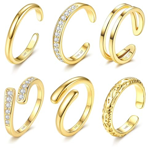 ADRAMATA 6 st 14 K guld fyllda fotringar för kvinnor justerbar tå ring set öppet band enkel CZ Daisy blomma tå ringar eleganta sommarstrand fot smycken