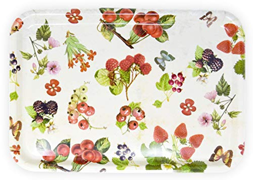 Lashuma Esstablett aus Melamin, Großes Getränketablett Rechteckig, Designtablett 45x31 cm, Muster: Waldbeeren