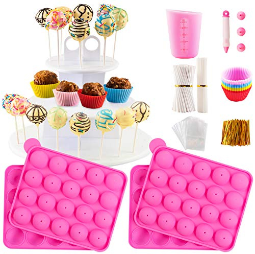Cake Pop Maker Kit with 2 Silicone Mold Sets with 3 Tier Cake Stand, Chocolate Candy Melts Pot, Silicone Cupcake Molds, Paper Lollipop Sticks, Decorating Pen with 4 Piping Tips, Bag and Twist Ties