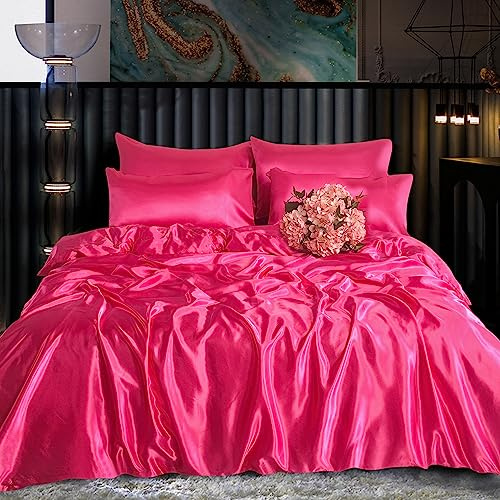 ROOEE Satinsilke komplett bäddset – 6 st – dra-på-lakan, påslakan, 4 örngott. Färg - Fuchsia Rosa Storlek - Dubbel