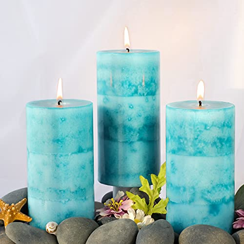 Pillar Candles Ocean Breeze Scented 3x6 inch Long-Lasting Clean Burning Candle 3 Pack Teal Turquoise Candles Coastal Themed Ocean Marine Rustic Decor for Home Bathroom Wedding