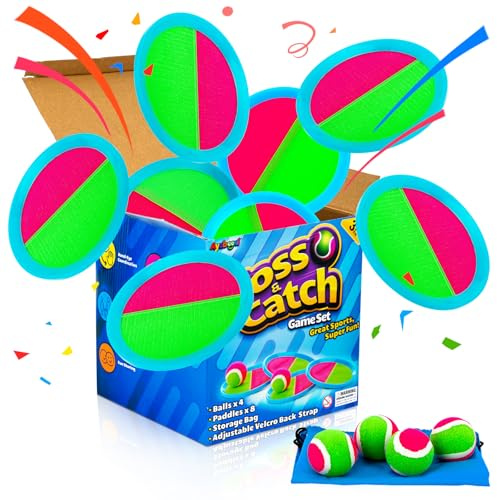 Ayeboovi Toss and Catch Ball Set 8 Paddles 4 Balls Outdoor Beach Pool Toys for 3 4 5 6 7 8 Year Old Boys Girls Birthday Gifts Easter Basket Stuffers Outside Yard Games for Kids and Family Activities
