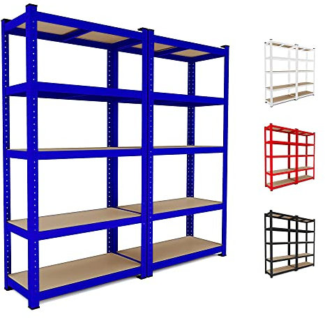 Bricozone Set Da 2 Scaffale In Metallo E MDF Con 5 Ripiani Regolabili Scaffale Ad Alta Portata Fino a 875 kg Design Modulare 180 x 90 x 40 cm Per Garage Officina Cantina Capannone Magazzino (Blu)