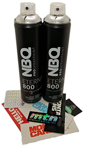 PROGAL COLORS NBQ ETERNAL Pintura en Spray Plateado Mate Alta Presión - Two Silver Pack - 2x Plata 600mL + Pegatinas + Astro Fat Cap - Secado Ultrarrápido para Graffiti, Decoración y Manualidades