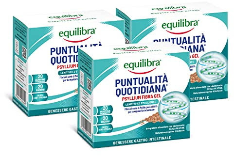 Equilibra Integratori Alimentari, Psyllium Fibra-Gel, Integratore con Fibra di Psyllio Nota per la Regolarità del Transito Intestinale e l'Assorbimento dei Nutrienti, 3 Pezzi da 20 Bustine Monodose
