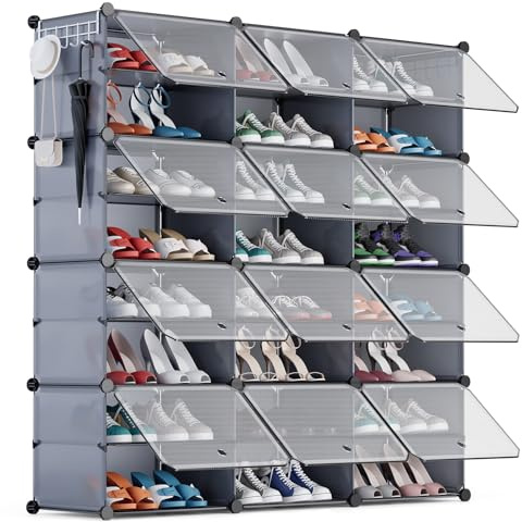 YIHATA Zapatero, 24 Compartimentos (3 x 8) para 48 Pares, Armario Paneles de Plástico, para Dormitorio Sala de Estar, Recibidores, Gris, Modular, Estantería, 30 x 40 x 30 cm Cada Cubo