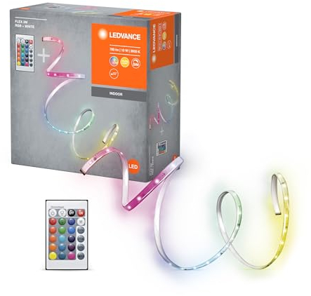 Ledvance FLEX 3M LED-Streifen RC, weiß, 9W, 600lm, warmweißes Licht, integrierter Sound-Receiver, RGB-Farbsensor, Fernbedienung, lange Lebensdauer, einfache Montage, Schutzklasse IP20