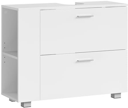 VASAGLE Meuble sous Lavabo avec 2 Grands Tiroirs, Rangement Ouvert Latéral Réversible, Grande Ouverture de Siphon, Montage Facile, 30 x 80 x 64 cm, Placard de Salle de Bain, Blanc Nuage BBK502W01