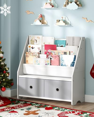 CHOEZON Estantería Infantil, Estantería con Bolsas para Libros, Estantería Infantil con Cajones Extraíbles para Juguetes, para Habitación Infantil, Guardería, Blanco y Gris DMCW06WT