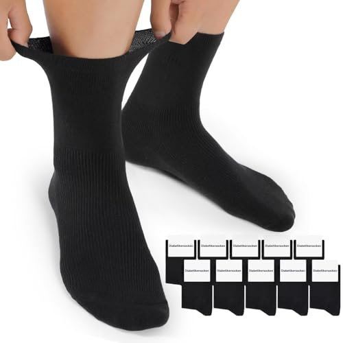Mowenti Diabetikersocken Herren ohne Naht ohne Gummibund 10 Paar Baumwolle Diabetiker Socken Herren 43-46 Damen Schwarz Herrensocken Damensocken
