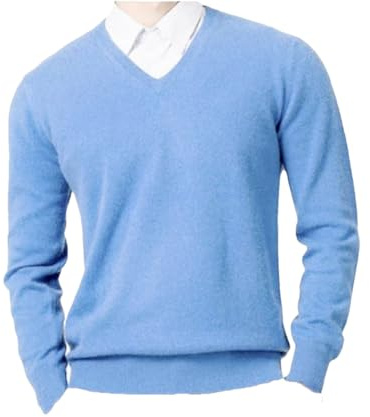 REHJJDFD Suéter de cachemira de mezcla de algodón para hombre, suéter cálido para hombre, suéter de punto con cuello en V, azul celeste, L