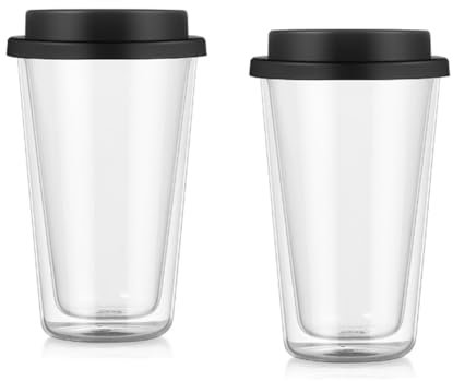 Lwaviwer Lot de 2 tasses à café en verre à double paroi avec couvercles en silicone, tasses à café isothermes de 350 ml, passent au lave-vaisselle