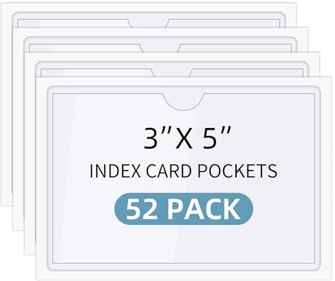 52-pack självhäftande indexkortfickor med topp öppen för laddning, genomskinliga plastetiketthållare fotofodral för anteckningskort, bibliotekskort, skåp, förvaringsfack, planeringsindex (3 x 5 tum)