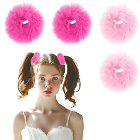 JJUNW 4 Stück Plüsch Scrunchie Haargummi, Weich Pom Pom Stirnbänder Baby Scrunchies Elastisch Haarband Haarschmuck Mädchen Pferdeschwanz Scrunchies für Kinder(Rosenrot+Rosa)